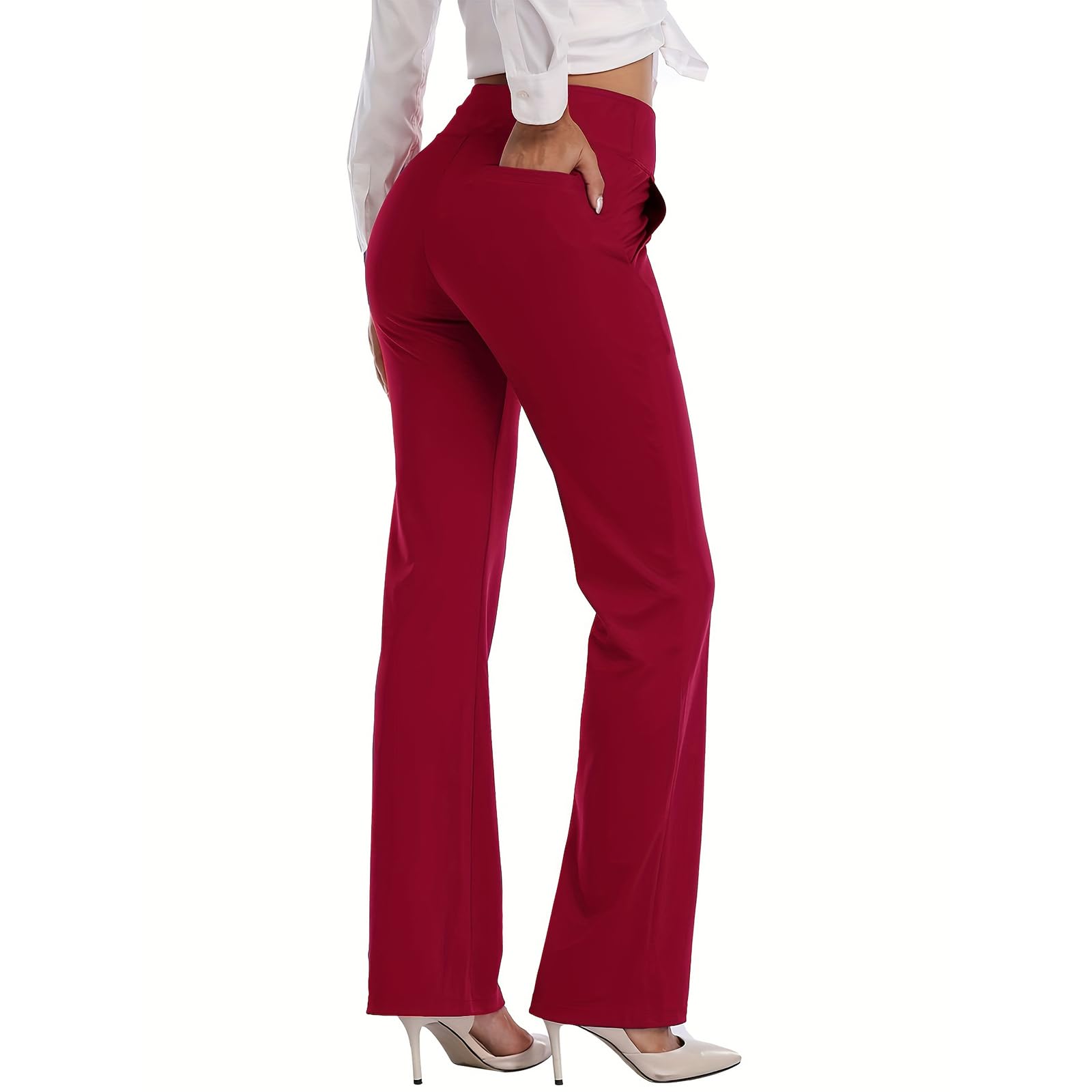 HISKYWIN Inner Pocket Yoga Pants 4 Way Stretch Tummy Control Workout Running Pants, Long Bootleg Flare Pants