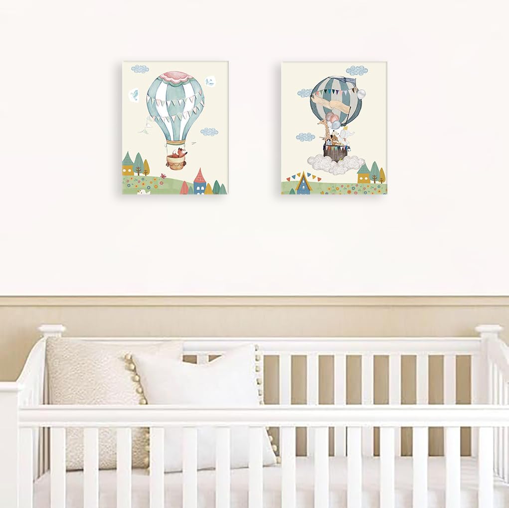 KAIRNE Lot de 4 posters d'animaux avec cadre (20 x 25 cm), motifs d'avion, montgolfière, tableaux muraux pour chambre de bébé, garçon et fille, jungle, safari, tableaux muraux