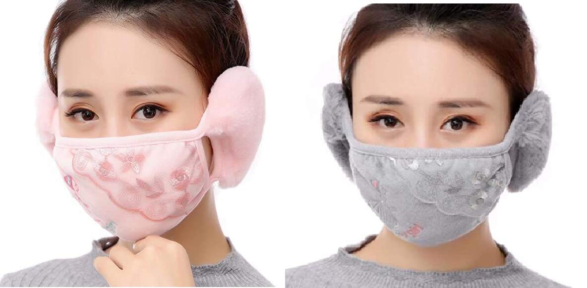 Okara Girl's and Boys' Warm Winter Face Mask with Plush Ear MufF_Pack Of 02,Ligh Pink|Grey-image-3