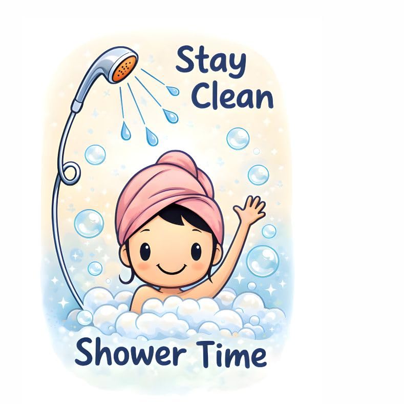 Kids Bathroom Wall Sticker, 'Stay Clean Shower Time' Cartoon Design, Waterproof PVC, 45.72 x 60.96 cm-image-8