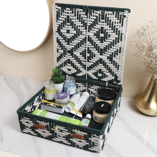 Image of Kaahira Handmade Decorative Storage Box and Organiser | Macrame Gift Hamper Box for Cosmetics, Toiletries & Return Gifts | Aesthetic Rope Woven Organizer (Green and White, Large - 14x10x4 inches)