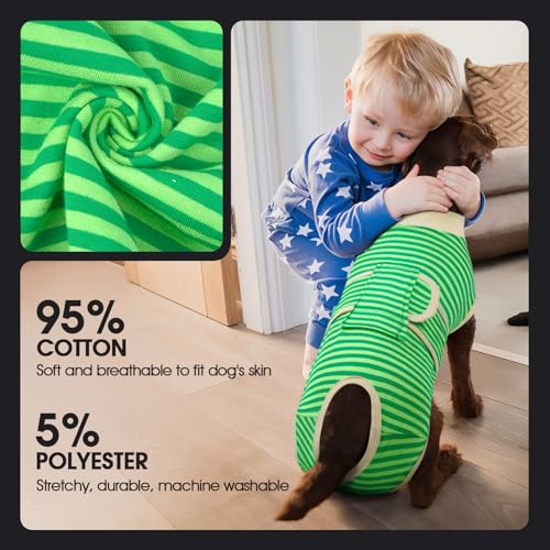 Image of FUAMEY Dog Recovery Suit Male,Dogs Surgery Neuter Suits Puppy Spay Shirts for Female Protect Dog's Skin Anti Licking Abdominal Wounds Doggie Onesie Pet Bodysuit Alternative to Cone Green Stripes XS
