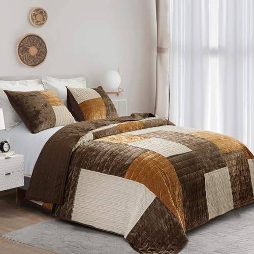 Image of Wonderful 3-Piece Velvet Patchwork Quilt Set, Queen Striped Channel Stitch Brown Quilt,Pet-Friendly,Soft Lightweight Comforter Versatile as Quilt /Bedspread for Adults Teens Kids Bedroom,94 inchx94 inch