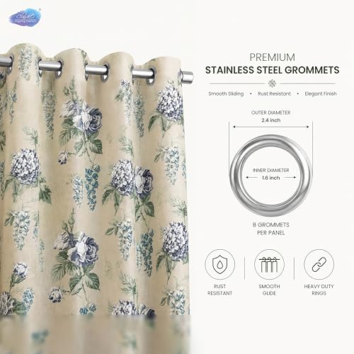 Image of Clasiko Block Print Sheer Door Curtains; 40% Light Filtering Linen Textured Curtains with Eyelets; Set of 2 | 54x108 Inches / 9 Feet | Glory Blue