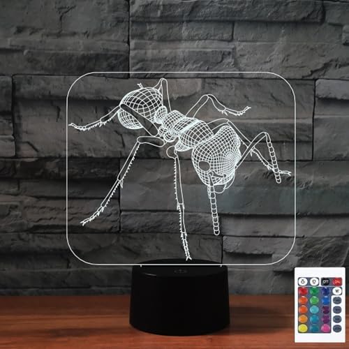 FLRXHK Ants 3D Illusion Night Light Touch Table Desk Lamp with Remote Control 16 Colors Optical USB LED Night Light for Kids Gift Room Decoration