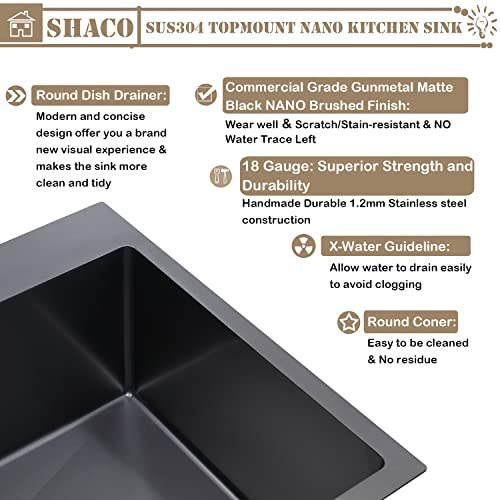 Image of SHACO 15x20 Inch Black Drop In Bar Sink, 15 Inch Top Mount RV Kitchen 16 Gauge Stainless Steel Sink for Small Kitchen Wet Bar Prep RV Yard Office Laundry with Dish Grid & Drain, Gunmetal Black