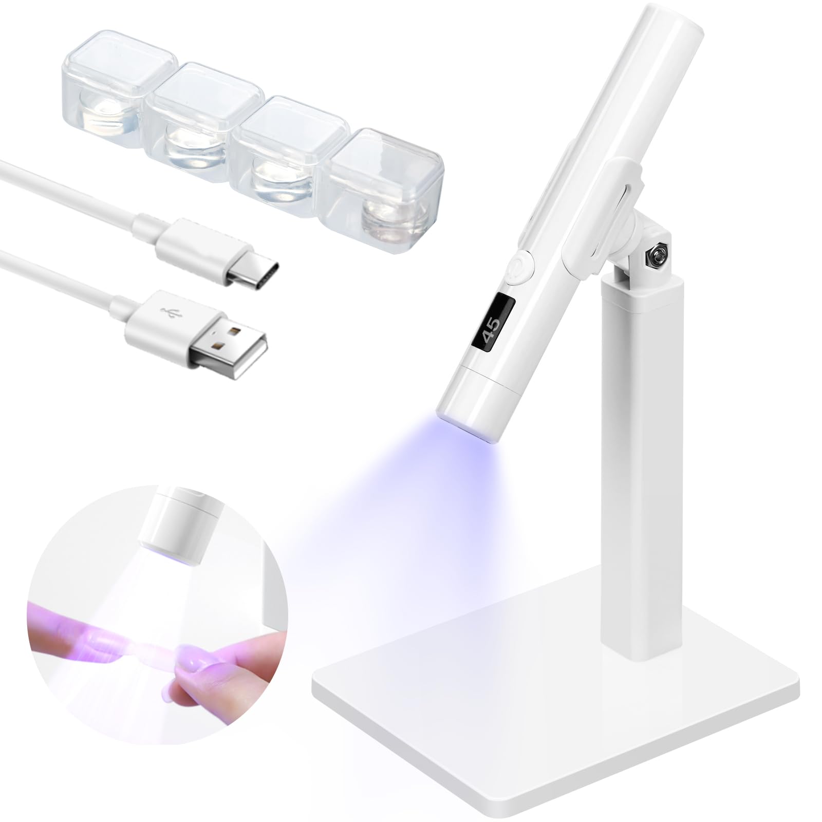 KINGOZOYI Lampara Uñas Semipermanentes, Mini Lampara UV Led Uñas, Secador de Uñas Portátil con Soporte y 2 Temporizador 45/60S para Manicura Resina de Gel DIY Arte de Uñas - Blanco, USB Recargable