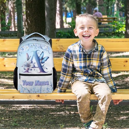 Backpack for Girls, Personalized Backpacks for Kids Women, Butterfly Bookbags Initial School Bag, 17 Inch Blue Monogram Bookbag for Primary Middle College 6