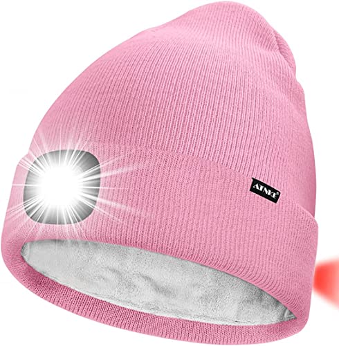 ATNKE Unisex 8 LED Mütze mit Licht,Wiederaufladbare USB Rot Blinkendes Alarm Rücklicht Laufmütze Lampe Winter Warme Gefüttertes Fleece Stricken Mütze für Herren und...