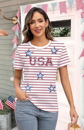 Image of Ithalt Women 4th of July Shirt Fourth of July Shirts USA Sequin Tshirt American Patriotic T-Shirt Stripes Tee Tops