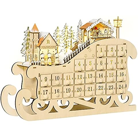 Calendario de Adviento HOMCOM Trineo Madera 24 Cajones y Luces LED Cover