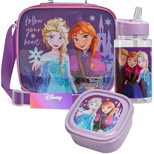 Get Trend Disney Frozen Set Repas Enfant 3 Pièces Sac Isotherme avec Sangle Boîte à Goûter Gourde avec Paille 400ml Sans BPA École Pique nique (Frozen)