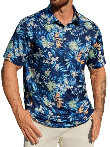 Hardaddy Mens Floral Printed Golf Shirt In Deep Blue