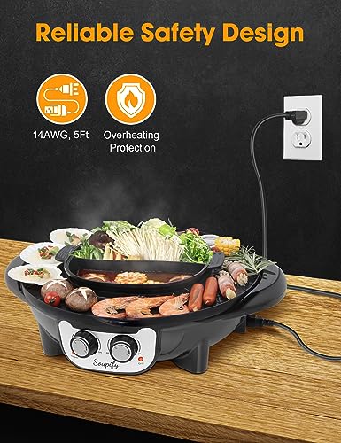 Image of 2 in 1 Hot Pot with Grill, Electric Korean BBQ Grill, Independent Dual Temperature Control & Non-stick Pan, Multi-function Smokeless Barbecue Grill for Family and Friends Gathering