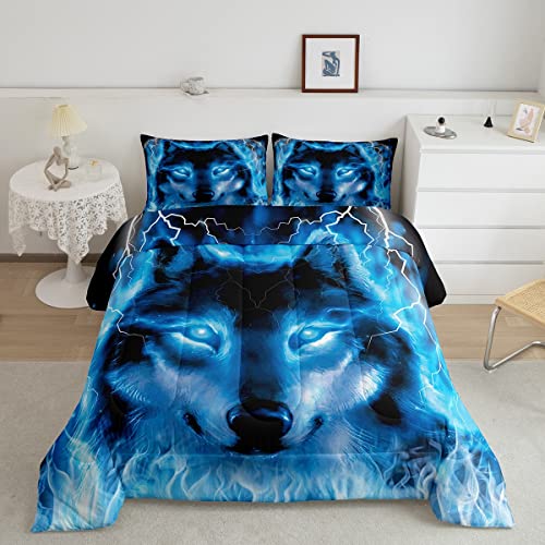 Feelyou Wolf Bedding Set Safari Animal Pattern Comforter Cool Wildlife Style Comforter Set For Boys Girls Kids Room Decor Glitter Blue Wild Wolf Lightweight Duvet Set Twin Size With 1 Pillow Case #TOP9