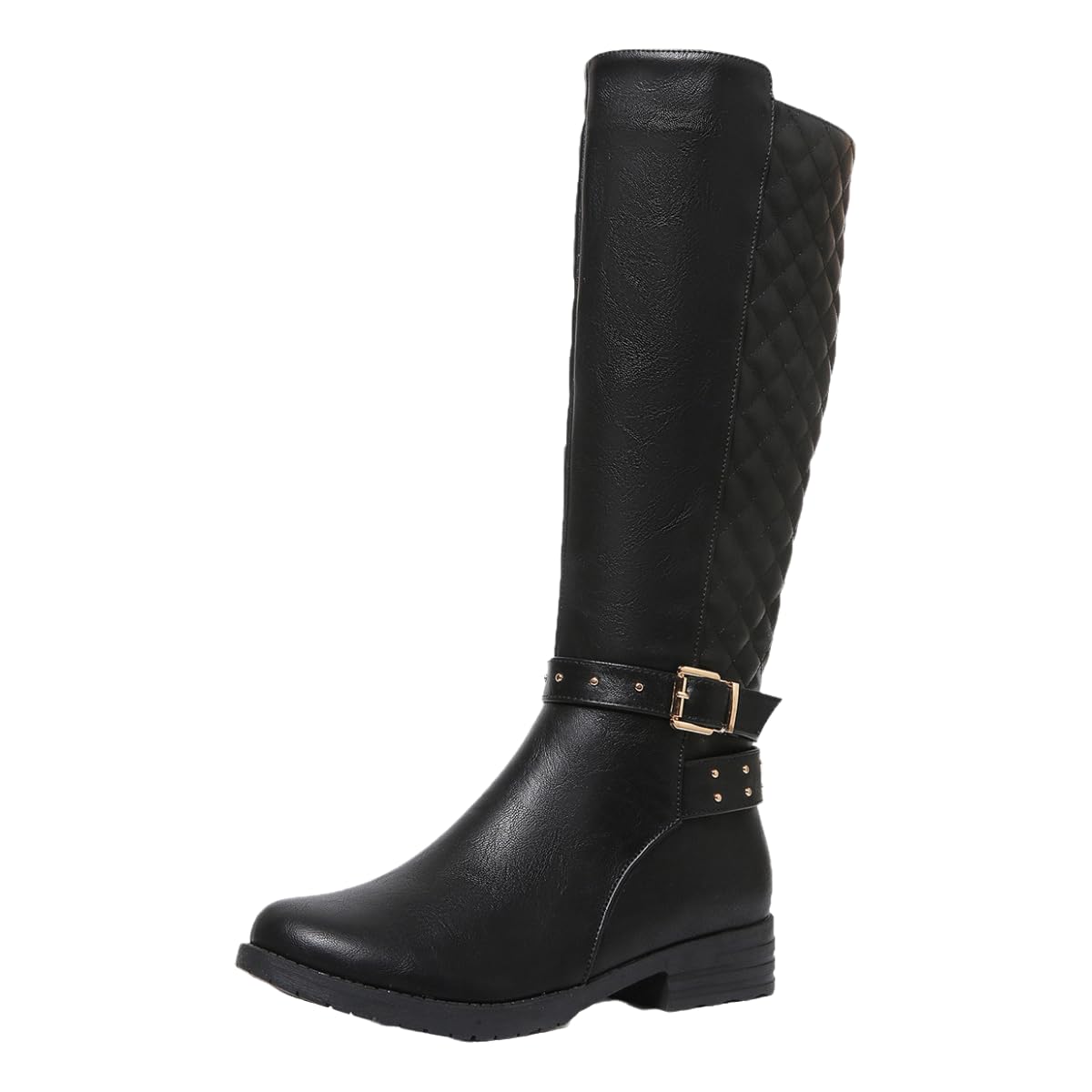 Womens Mid-Calf Riding Boots - Quilted Black Flat with Side Zipper Low Heel Fall and Winter Boots with