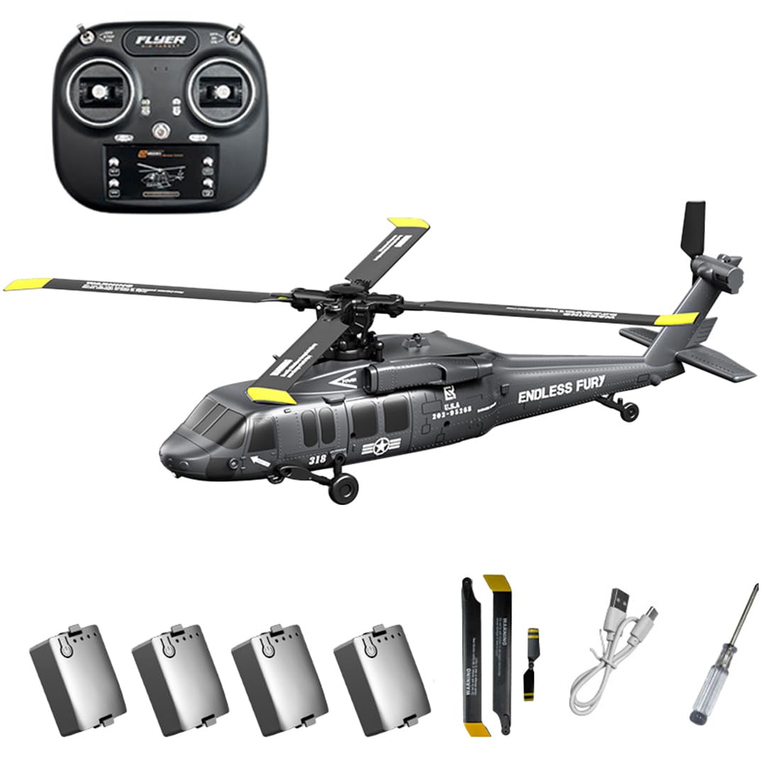K200 Black Hawk RC Helicopter, 6CH Brushless Remote Control Helicopter Model with Altitude Hold, Optical Flow & Inverted Flight, 6-Axis Gyro Simulation Military Aircraft for Adults (4 Battery/Grey)
