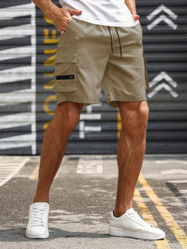 Image of SMOWKLY Men's Cotton Casual Relaxed Regular Fit Camo Cargo Shorts || Drawstring & Elastic Waist Multi Pocket Summer Beach Hiking Outdoor Work Half Pant