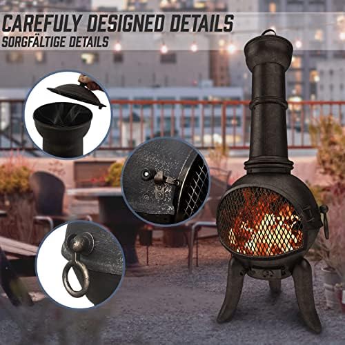 Jago® Outdoor Chiminea with Hinged Mesh Door - Cast Iron, in Vintage Design, 108 cm High, with Poker Included - Garden Stove Patio Heater Fire Pit Fireplace Charcoal Wood Burner