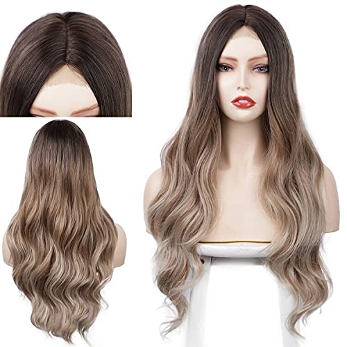 Longbest Lange gewellte Perücke, hitzebeständig, Kunsthaar-Perücke, Ombré-Blond, 50,8 cm, Lace-Front-Perücke, Mittelscheitel für Frauen, lange Perücke Cover