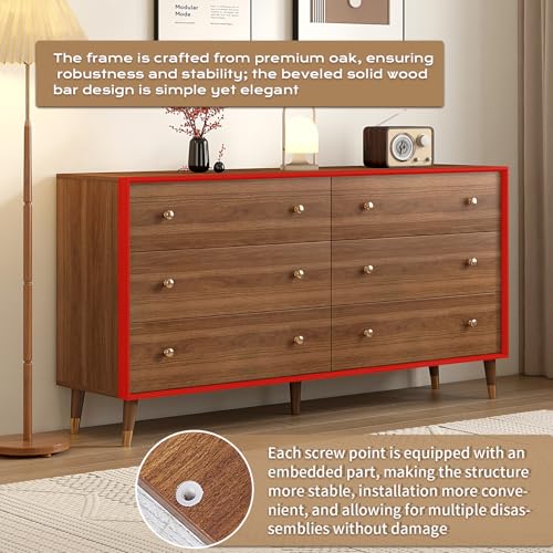 Image of Messenya 6 Drawer Dresser for Bedroom, 55 Inch Walnut Dresser for Closet, Mid Century Wood Chest of Drawers with Natural Texture & Pre-Embedded Slots for TV Stand, Living Room, Hallway, Office