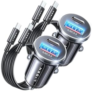 Super Fast iPhone 16 Car Charger USB C,2 Pack LISEN 54W iPhone 15 Car Charger,USB C Car Charger[Metal] Type C Car Charger Fast Charging [PD+QC] Car Charger Adapter for iPhone 16 Pro Max Plus/15,Black