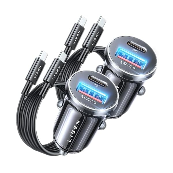 Super Fast iPhone 16 Car Charger USB C,2 Pack LISEN 54W iPhone 15 Car Charger,USB C Car Charger[Metal] Type C Car Charger Fast Charging [PD+QC] Car Charger Adapter for iPhone 16 Pro Max Plus/15,Black