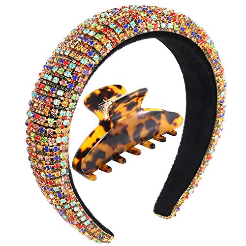 Padded Rhinestone Headband Wide Bejewelled Hairband Baroque Statement Velvet Hair Band Party Headpiece Hair Claw Clips Hair Accessories For Women Girls (rainbow)