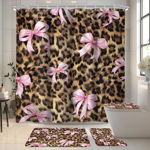 LIGHTINHOME 4 PCS Leopard Print Bow Shower Curtain Set 72Wx72H Toilet Lid Cover Non-Slip Rugs and U-Shaped Mat Girly Pink Cheetah Bathroom Sets with Rugs Shower Accessories 12 Hooks for Bathroom Decor