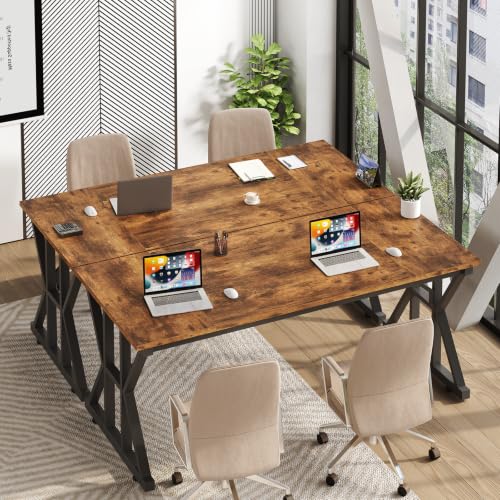 Image of 55 inch Large Computer Desk with Thickened Frame for Home Office, Living Room | Modern Simple Executive Desk, Larger Gaming Desk with X-Shaped ReInchforcement, Rustic Brown