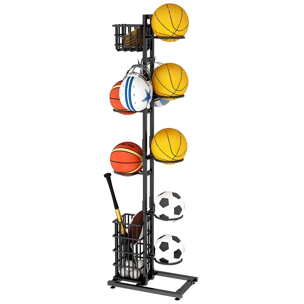 NUODWELL Estante de almacenamiento de pelotas, organizador deportivo con cesta y ganchos, estante de baloncesto de metal, para garaje y hogar