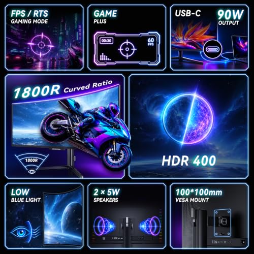 Image of Deco Gear OLED 49 Inch Curved Monitor, 5K2K 5120x1440 Ultrawide Dual QHD, 144HZ, 0.03ms, 32:9 HDR400, Adaptive Sync, R1800 Premium 100% sRGB 90W USB-C, Built-in Speakers Height Adjustable Stand