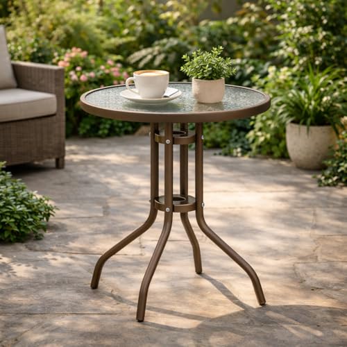 Emirates Living Round Glass Garden Table Tempered Glass Top Patio Bistro Table with Sturdy Metal Frame Weather Resistant Outdoor Table for Balcony Garden Patio & Indoor Use- Brown