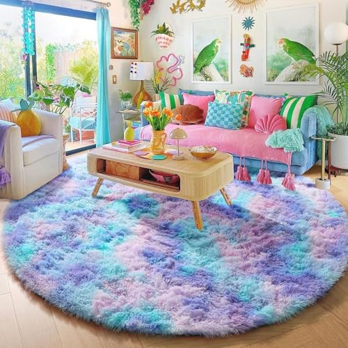 Rainbow Round Rug for Bedroom, 5Ft Fluffy Circle Area Rugs for Living Room, Shag Fuzzy Carpet for Kids Room, Nursery, Dorm, Classroom, Teen, Cute Baby Play Mat Home Decor Aesthetic, Blue