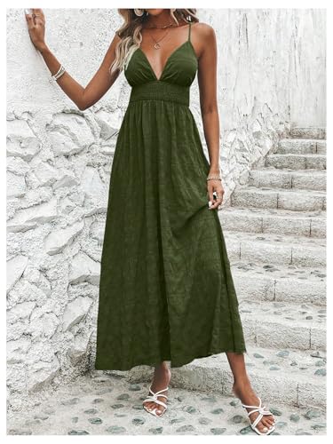 Image of Milumia Women's Summer V Neck Backless Maxi Dress Boho Spaghetti Strap A Line Flowy Beach Long Sundress