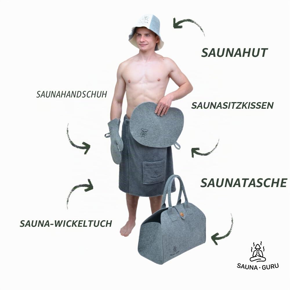 Sauna-Zubehör-Set – Woll-Banja-Hut, Kilt-Handtuch, Aufbewahrungstasche, Filzhandschuh & Sitzkissen – Für finnische, russische, Dampf-, Trocken- & Außensaunen – Wellness-Geschenkset – Für Männer