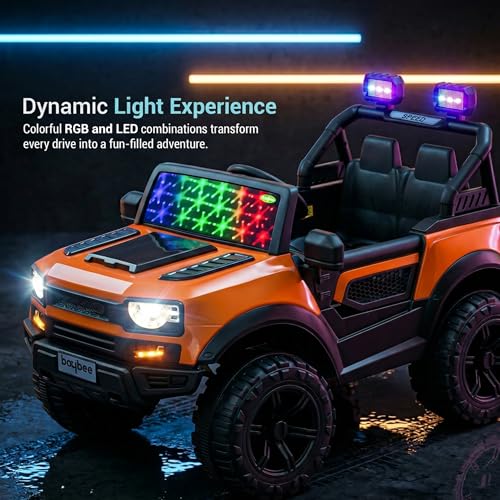 Image of Baybee RoverX Battery Operated Jeep for Kids with Parental Control | Baby Ride On Electric Car with RGB Lights, Music & Swing Mode | Rechargeable Battery Car for Kids 2 to 6 Years Boys, Girls (Orange)