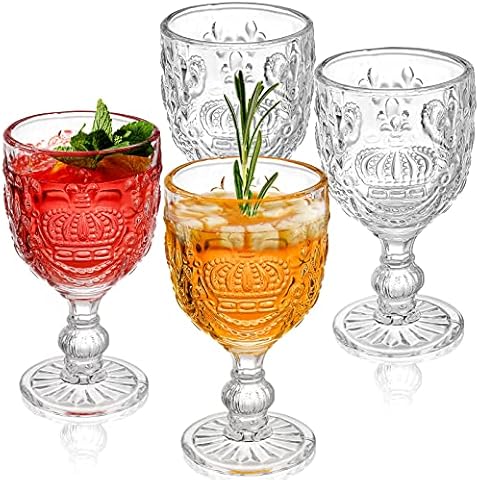 Hiceeden Set of 4 Romantic Wine Glasses Goblet, 10 Oz Embossed Vintage Water Glass Stemmed Drinking Glasses for Parties, Wedding Cover