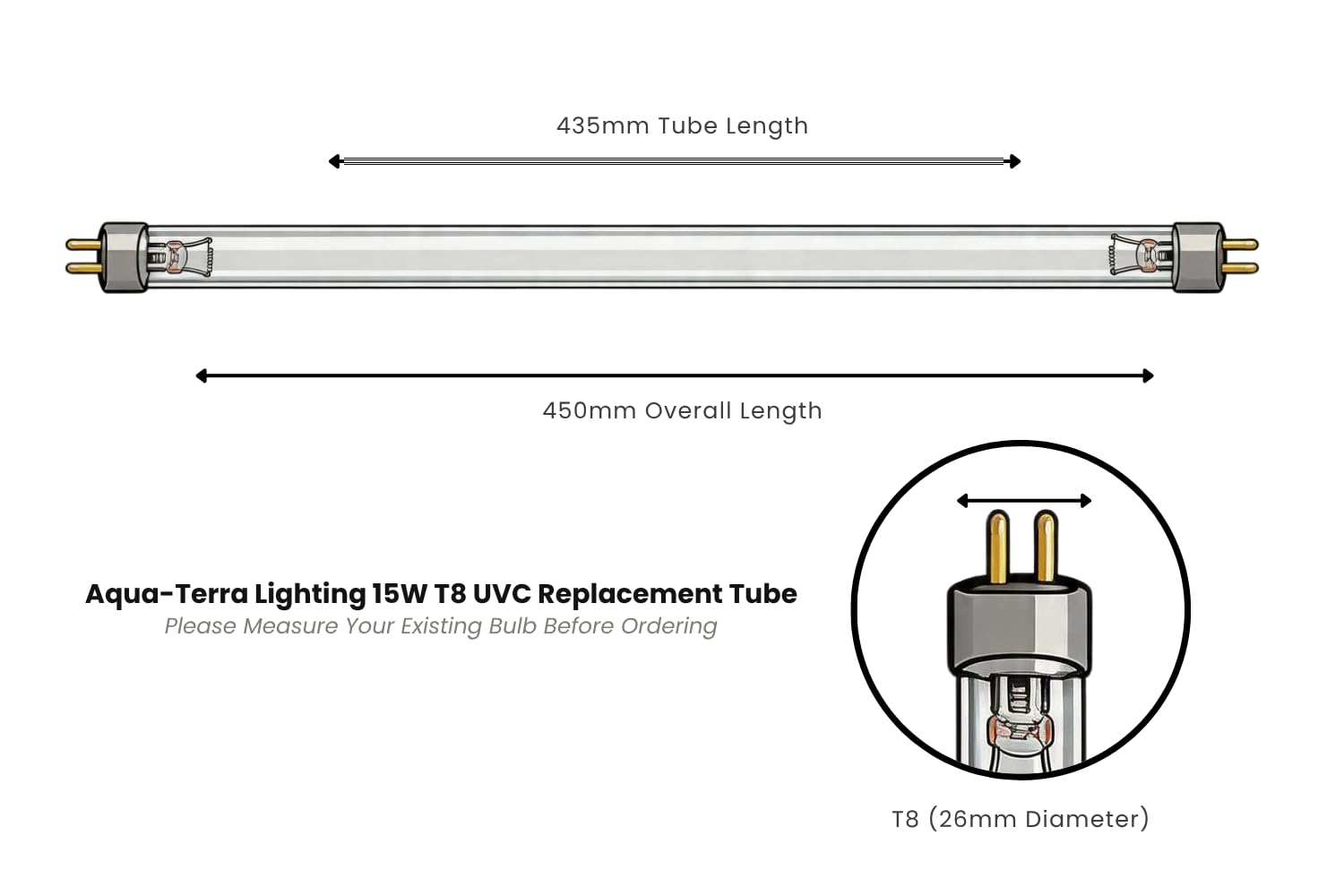 15 W UVC keimtötende Röhre (T8, G13) – Hochleistungs-UV-C-Ersatzlampe für Teichfilter, Wasser- und Luftsterilisation, Oberflächendesinfektion – 452 mm lange Lebensdauer UV-Lampe