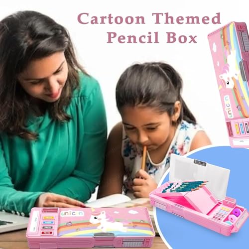 Image of Plastic Multifunctional Cute Unicorn School Pencil Box for Girls - Multi Compartment Button Operated Unicorn Compass Box, Stationary Items- Pencil Case & Geometry Box for Kids, Pink