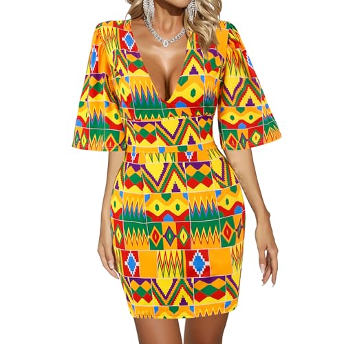 Image of Women Boho African Floral Print Pleated Short Midi Dress Multi-Way Dress for Casual Rave Club Party