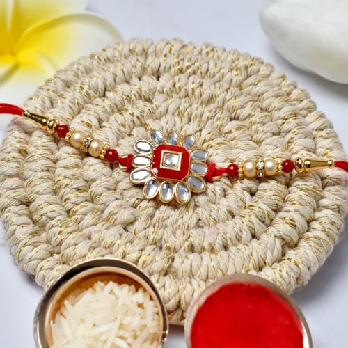 Image of Oblivion Rakhi Combo Set of 7 - Multicolor Designer Rakhis with Silver Pooja Thali, Roli Chawal, Silver Coin and Greeting Card for Raksha Bandhan Brother Gift