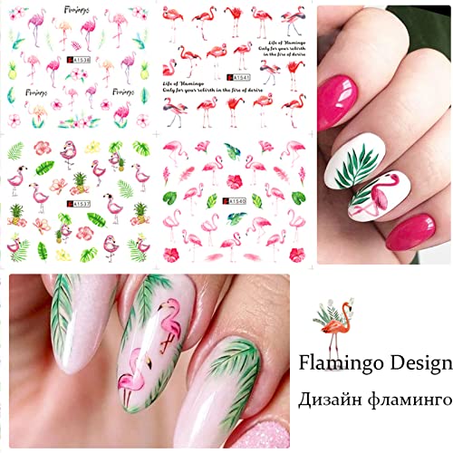 Flamingo Nail Stickers Summer Water Transfer Nail Art Sticker Decal Pink Flamingo Green Leaf Foral Adorable Nail Deisgn For Women Kids Nail Art Decoration Supplies Manicure Tip 12Sheets #TOP1
