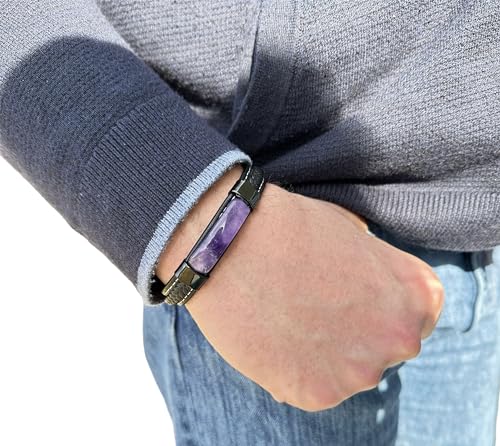 mkat Men's Bracelet with Natural Stone, Black Leather Bracelet, Natural Stone Bracelet, Genuine Leather Bracelet for Men and Women2