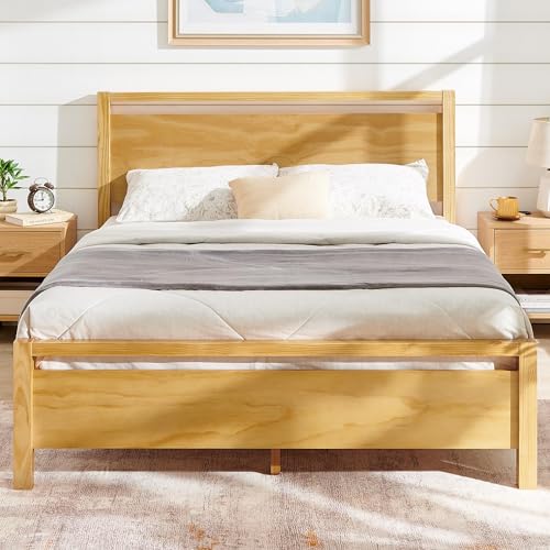 AMERLIFE Full Size Solid Wood Bed Frame with Headboard, Minimalist