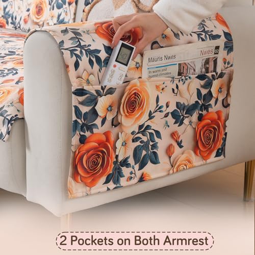 Image of HOKIPO 'Nature Muse' Premium HD Printed Holland Velvet Sofa Armrest Covers with Pockets | 1 Pair | Caramel Ambrosia (IN-921-L-D8*2)