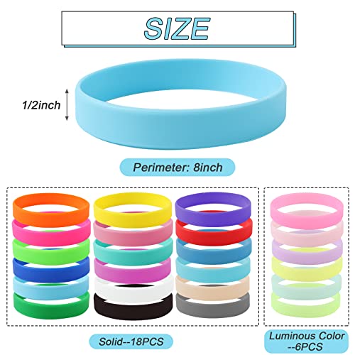 Qfeley 24 Pieces Solid Luminous Color Blank Silicone Bracelets Wristbands, Colored Blank Wristbands Rubber Bands Silicone Wristbands Rubber Bracelets For Women Men Teen Events Party #TOP1