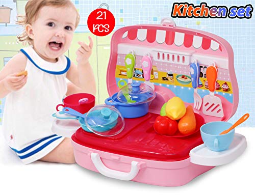 Image of Zest 4 Toyz Kitchen Set for Kids Girls Pretend Play Toys Portable Suitcase Cooking Set Role Play Toy 21 Pieces