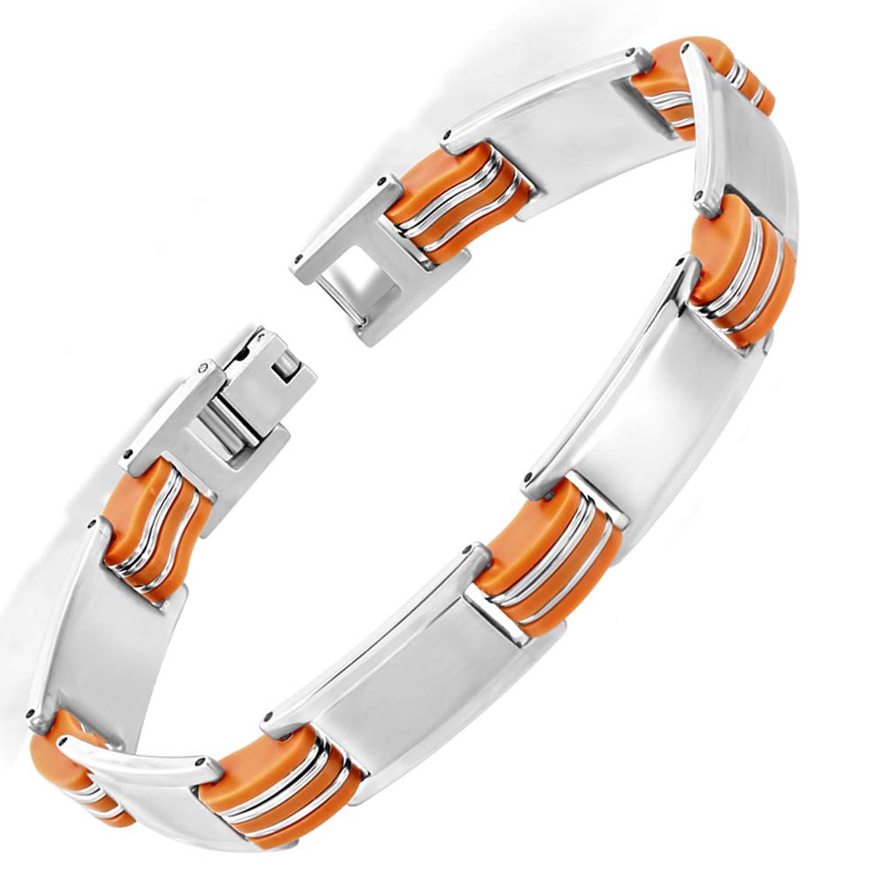 Via Mazzini Stainless Steel Orange Rubber Panther Link Fold Over H Clasp Closure Bracelet for Men and Boys (Bracelet0527)