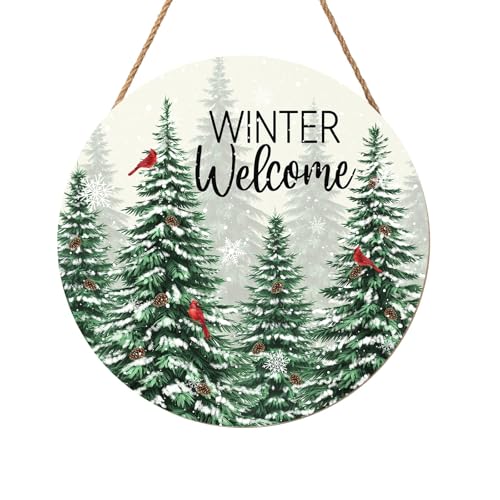 Winter Welcome Sign for Front Door Christmas Cardinal Bird Wood Door Hanger for Outdoor Outside Porch Snowflake Pine Trees Round Hanging Signs Holiday Decor for Home Wall Porch Yard 12